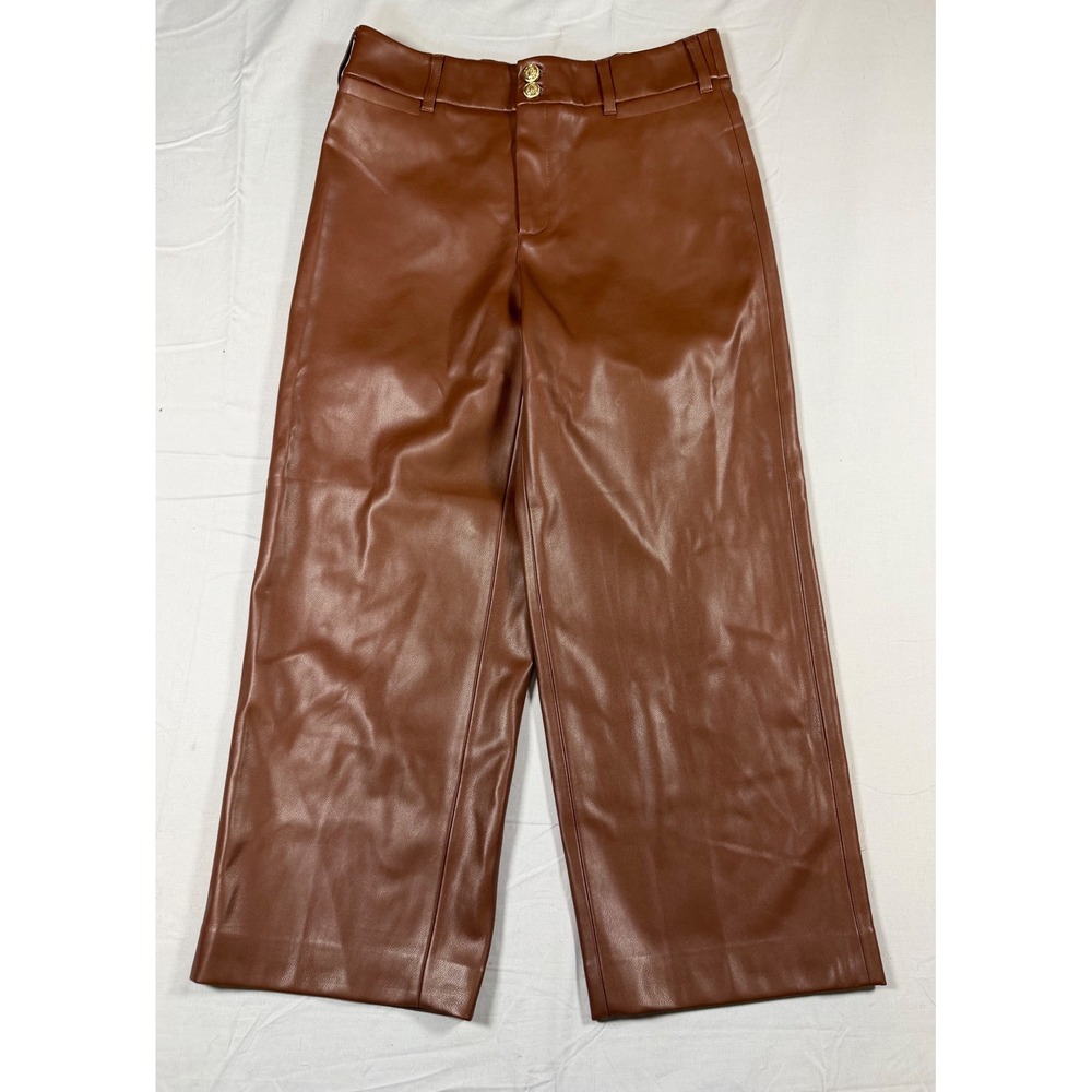 Chico's Faux Leather Wide Leg Pants Cognac Brown Gold Button Size 0 US 4 NEW